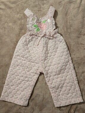 A Tiny Tot Original Vintage Quilted Rosebud  Pink Floral Baby Overalls